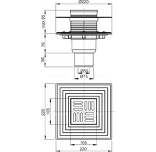 Alcadrain Bodenablauf 105 mm x 105 mm mit senkrechten Abgang DN 75 mm, Edelstahl Rost, Edelstahl-Dichtungflansch und Manschette-2. Abdichtung, Geruchsverschluss mit Sperrwasser und mit Klappe