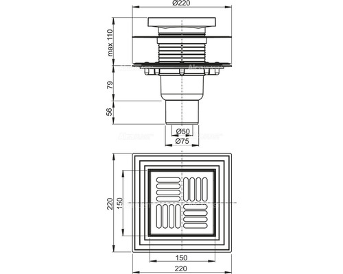 Dessin technique d''une bonde de sol avec couvercle carré et indications de dimensions.