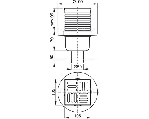 Schéma technique d''un siphon de sol avec dimensions.