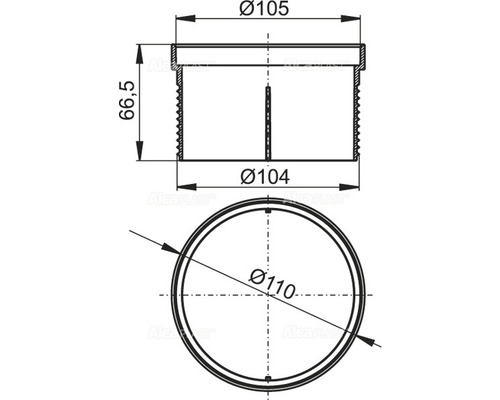 Technische Zeichnung eines Rohrdeckels mit den Maßen 105 mm, 104 mm und 66,5 mm.