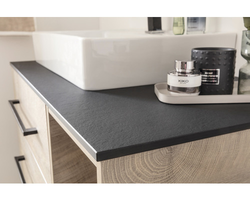 Meuble sous-vasque avec plan de travail noir et vasque à poser