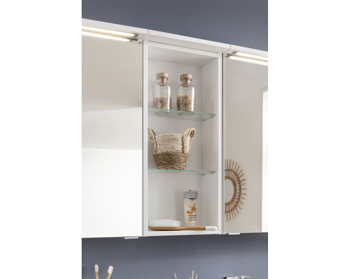 Vue détaillée d''une armoire de toilette avec deux étagères en verre et divers accessoires de salle de bains