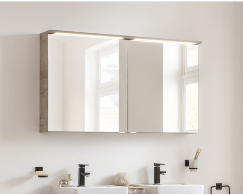 Salle de bains avec armoire de toilette à miroir et éclairage au-dessus de deux lavabos