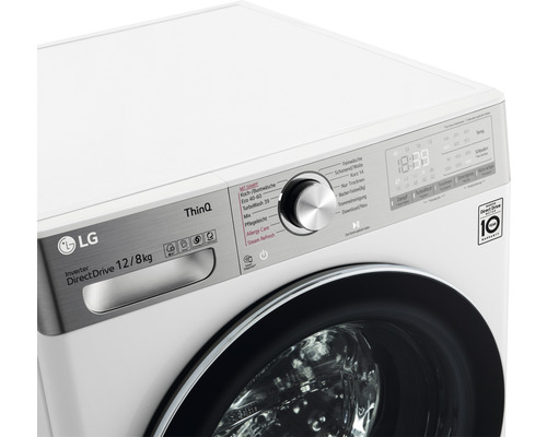 Gros plan d''un lave-linge doté de la technologie ThinQ et d''un moteur Direct Drive de LG, capacité 12/8 kg