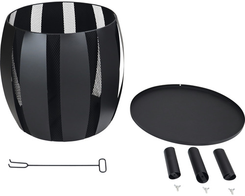 Brasero en métal avec accessoires tels que tisonnier, plaque de base et pieds