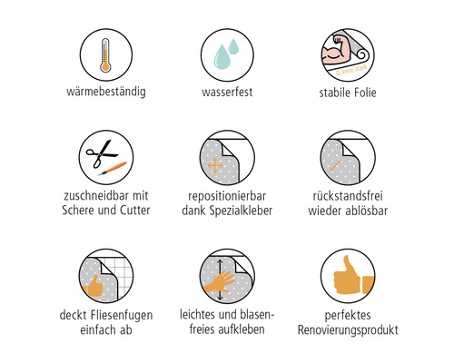 Symbole für hitzebeständig, wasserfest, stabile Folie, mit Schere und Cutter zuschneidbar, dank Spezialkleber repositionierbar, rückstandsfrei ablösbar, deckt Fliesenfugen ab, einfaches und blasenfreies Aufkleben, perfektes Renovierungsprodukt