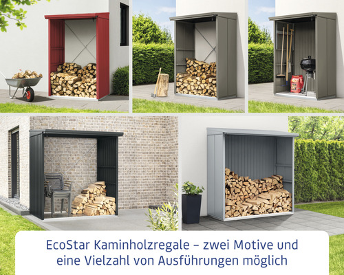 Verschiedene EcoStar Kaminholzregale im Aussenbereich mit Brennholz, Gartengeräten und Gartenmöbeln.