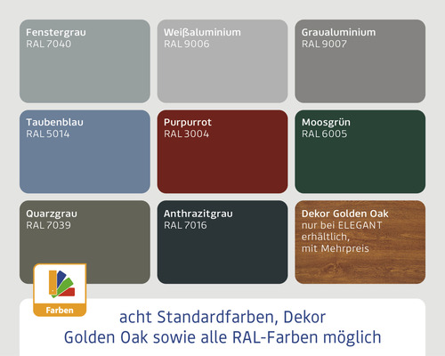 Farbauswahl mit acht Standardfarben und Dekor Golden Oak