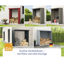 Mehrere Ansichten von EcoStar Gerätehäusern zur Aufbewahrung von Holz und Gartengeräten