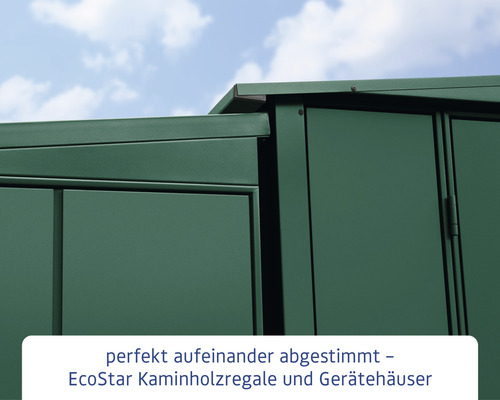 Detailansicht eines Gerätehauses und eines Kaminholzregals