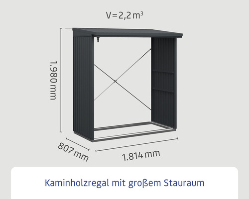 Kaminholzregal mit den Maßen 1980 Millimeter Höhe, 807 Millimeter Tiefe und 1814 Millimeter Breite, Volumen 2,2 Kubikmeter