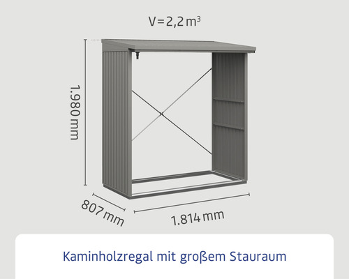Kaminholzregal mit den Maßen 1980 mm Höhe, 807 mm Tiefe und 1814 mm Breite, Volumen 2,2 Kubikmeter