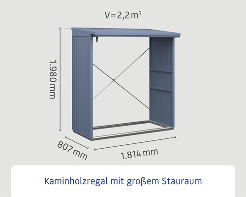 Kaminholzregal mit den Maßen 1980 Millimeter Höhe, 807 Millimeter Tiefe und 1814 Millimeter Breite