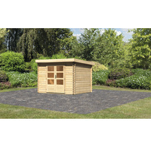 Holzgartenhaus mit Flachdach und Doppeltür im Garten