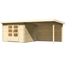 Gartenhaus Karibu Großglockner 5 inkl. Anbaudach 3 m und Rückwand 614 x 333 cm natur