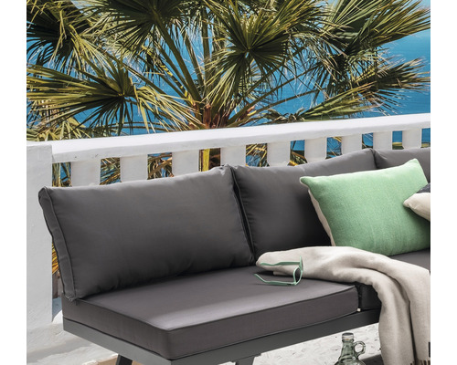 Gros plan d''un ensemble de salon avec des coussins, une couverture et un palmier en arrière-plan