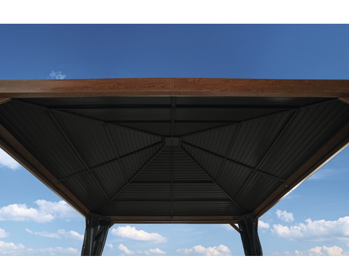 Innenansicht eines Pavillons mit Metalldach