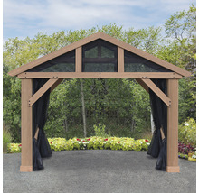 Pavillon de jardin en bois avec rideaux et structure en filet