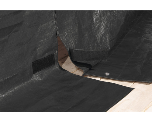 Vue détaillée d''une bâche tissée noire avec fermeture éclair et velcro