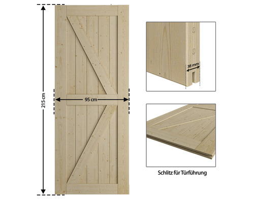 Holztür mit diagonaler Verstrebung, Maße: 215 cm Höhe, 95 cm Breite, 38 mm Nut für Türführung