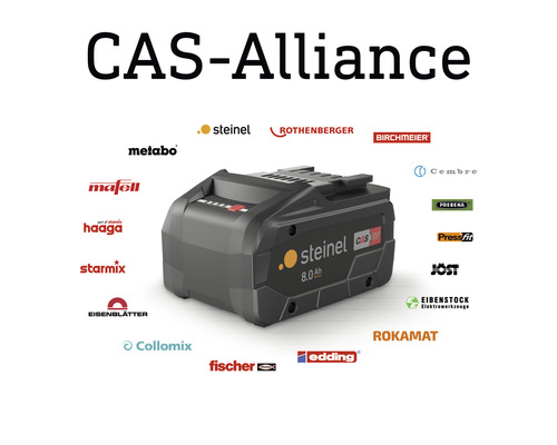 Batterie Steinel 8.0 Ah avec logos des partenaires CAS-Alliance