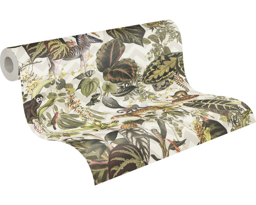 Rouleau de papier peint avec des animaux de la jungle et des motifs de plantes