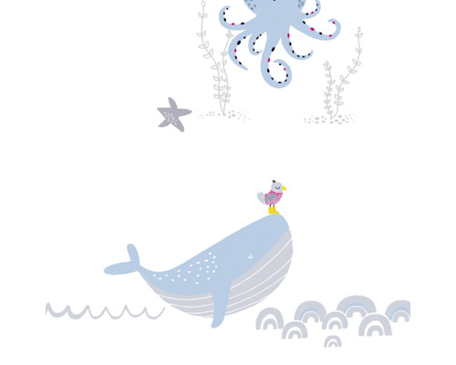 Illustration avec poulpe, baleine, étoile de mer et mouette pour la décoration murale