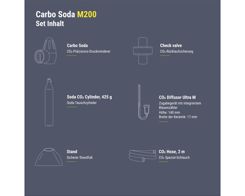 Carbo Soda M200 Set Inhalt: CO2 Präzisions-Druckminderer, CO2 Rücklaufsicherung, Soda CO2 Zylinder mit 425 g, CO2 Diffusor Ultra M, Standfuß und CO2 Spezial-Schlauch mit 2 m Länge.