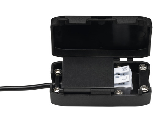 Boîte de connexion de câble noire ouverte avec bornes à vis