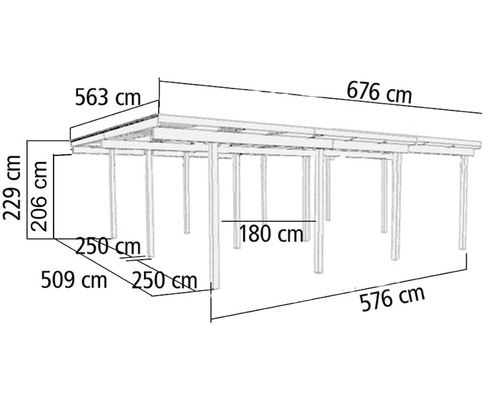 Abmessungen einer Terrassenüberdachung: 563 cm x 676 cm, Höhe 229 cm