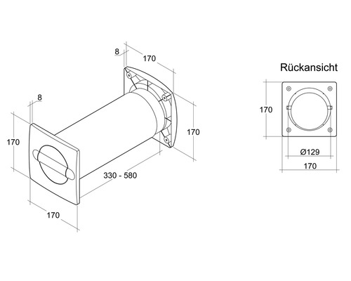 Dessin technique d''une traversée de mur avec des dimensions de 170 x 170 millimètres et un diamètre de 129 millimètres.