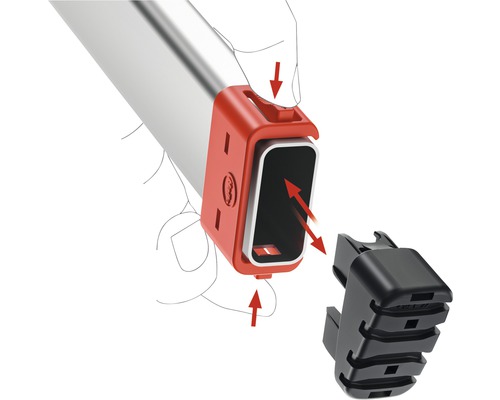 Illustration der Montage einer schwarzen Kappe an einem Profil mit roter Halterung