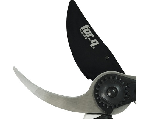 Geöffnete Amboss-Gartenschere mit For_q Logo