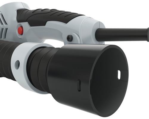 Detailansicht eines Laubbläsers mit Griff und Blasrohr.