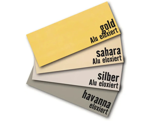 Échantillons de couleurs aluminium anodisé en or, sahara, argent et havane