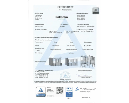 Certificat pour les cabanes de jeux Harry, Linus et Zirkuswagen de Palmako