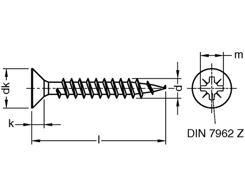 Dessin d''une vis à tête fraisée avec indications de dimension selon DIN 7962 Z