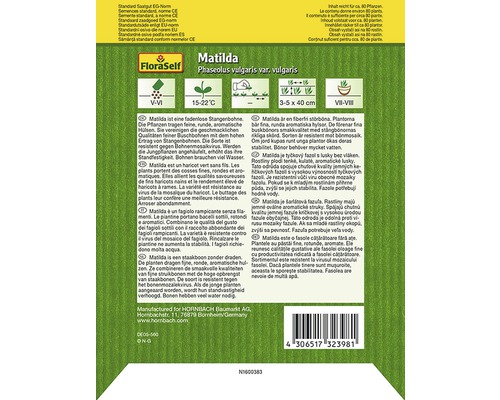 Matilda Stangenbohne Samenpackung mit Informationen zu Aussaat, Wachstum und Eigenschaften der Sorte