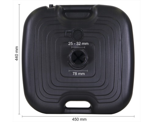 Quadratischer Schirmständer aus Kunststoff mit den Maßen 440 mm x 450 mm
