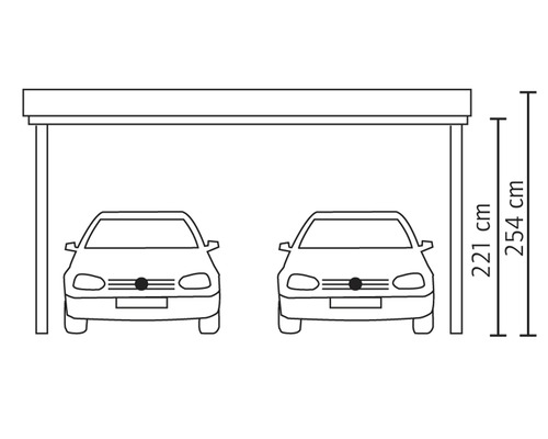Schéma d''un carport double avec indications de hauteur 221 centimètres et 254 centimètres