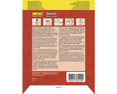 Rückseite der Saatbandverpackung von FloraSelf Tozresis Daucus carota mit Pflanzhinweisen