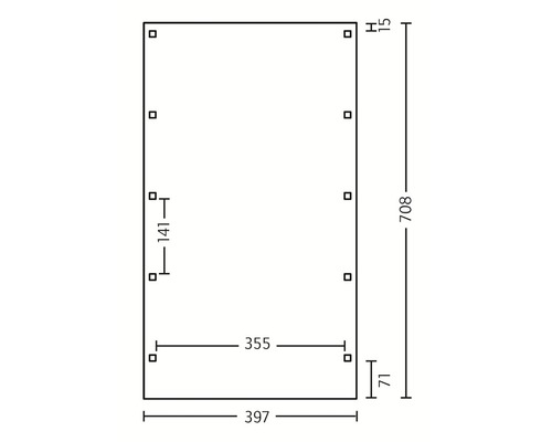 Technische Zeichnung mit Maßangaben eines Rechtecks: Länge 708, Breite 397.