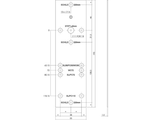 Dessin technique avec dimensions pour une plaque de porte