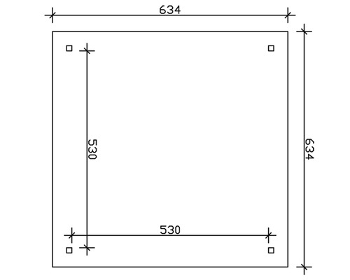 Dessin technique d''une plaque carrée de dimensions 634 x 634 millimètres et perçages à une distance de 530 millimètres.