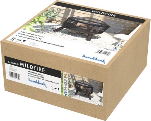 Emballage du braséro Wildfire de Buschbeck avec dimensions et caractéristiques du produit