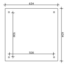 Technische Zeichnung einer quadratischen Platte mit den Maßen 634 x 634 mm und einem Innenquadrat mit den Maßen 530 x 530 mm