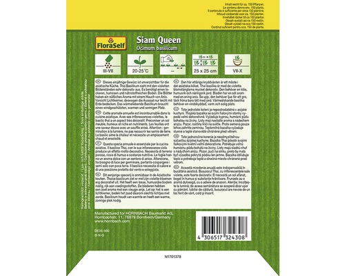 Emballage de graines de basilic FloraSelf Siam Queen avec des informations sur la culture et l''entretien