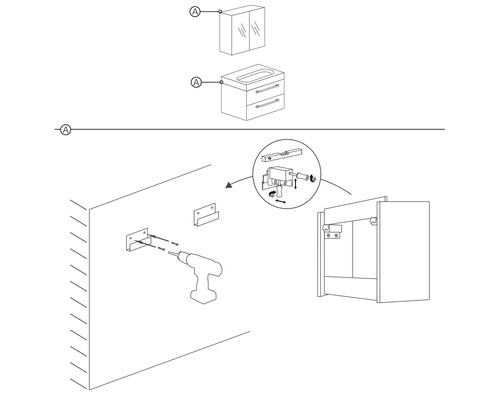 Schéma d''un aménagement de salle de bains avec meuble sous-vasque, armoire de toilette et instructions de montage