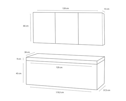 Dessin coté d''une armoire murale à trois portes au-dessus d''un banc coffre, montrant les dimensions de l''article