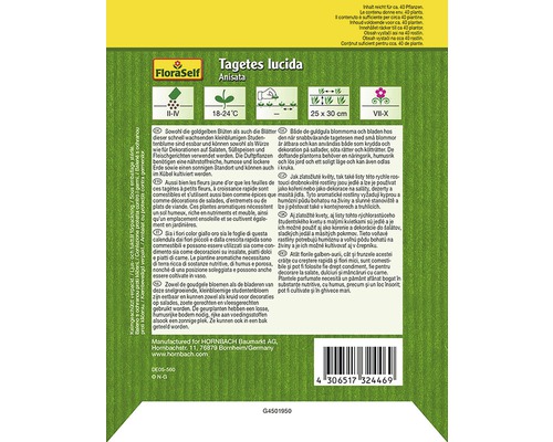 Informations sur les plantes FloraSelf Tagetes lucida Anisata sur l''emballage